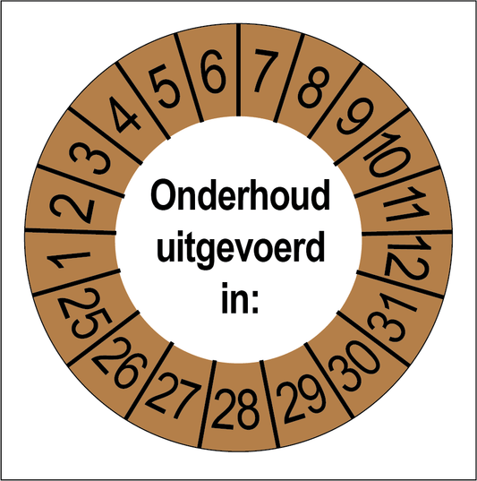Keuringssticker Onderhoud Uitgevoerd, wit met bruine buitenrand, rond 35 mm vinyl