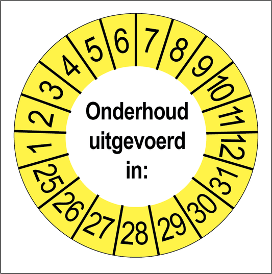 Keuringssticker Onderhoud Uitgevoerd, wit met gele buitenrand, rond 35 mm vinyl