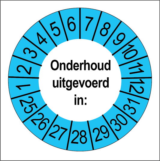 Keuringssticker Onderhoud Uitgevoerd, wit met blauwe buitenrand, rond 35 mm vinyl