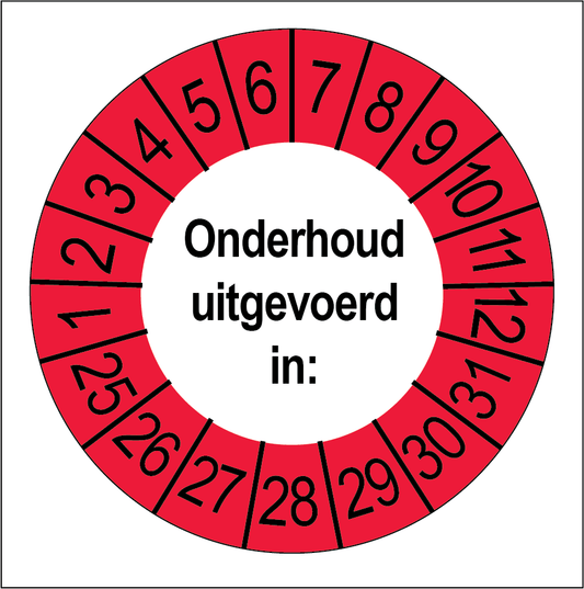 Keuringssticker Onderhoud Uitgevoerd, wit met rode buitenrand, rond 35 mm vinyl