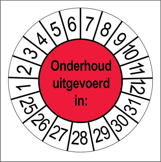 Keuringssticker Onderhoud Uitgevoerd, rood met witte cijferrand, rond 35 mm vinyl