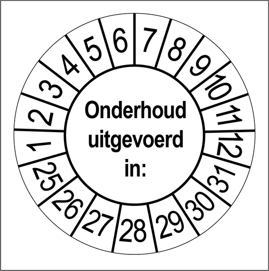 Keuringssticker Onderhoud Uitgevoerd, wit met zwarte opdruk, rond 35 mm vinyl