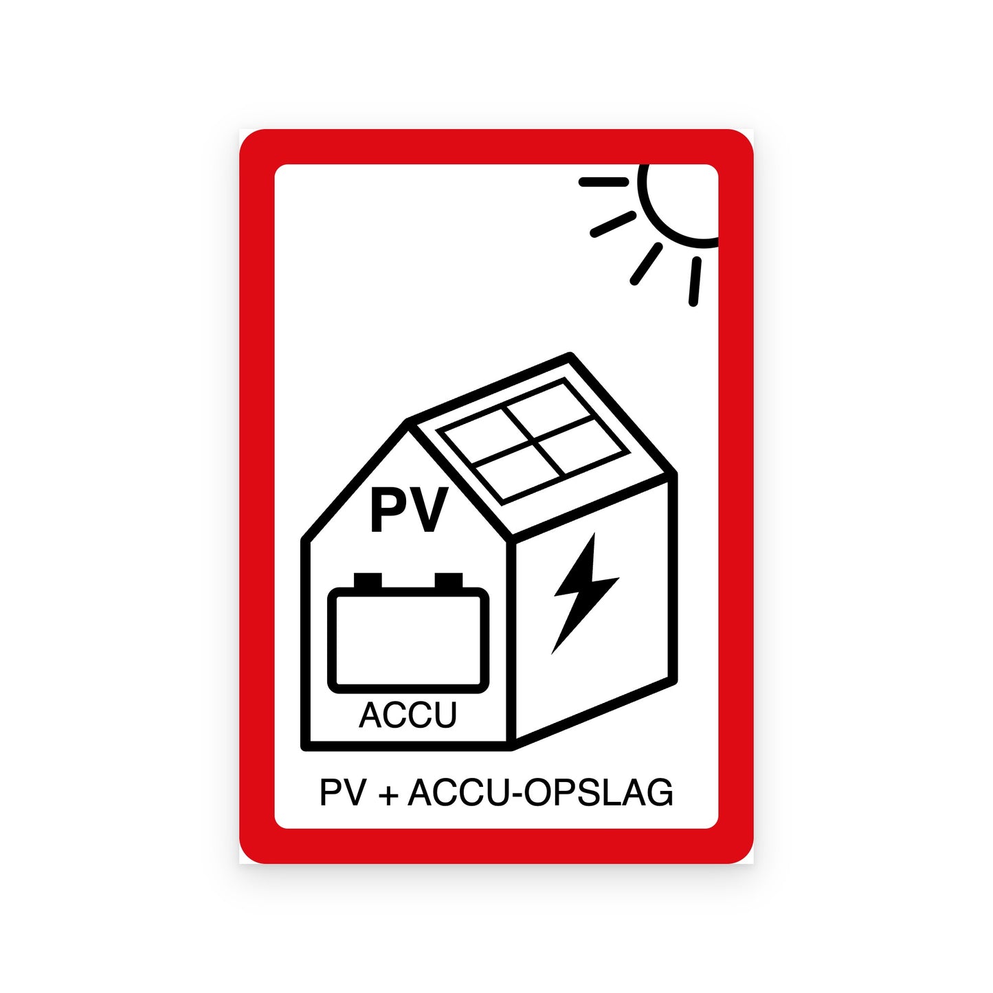 PV + ACCU pictogramsticker NEN 1010 met huis, zonnepanelen, accu en bliksemschicht