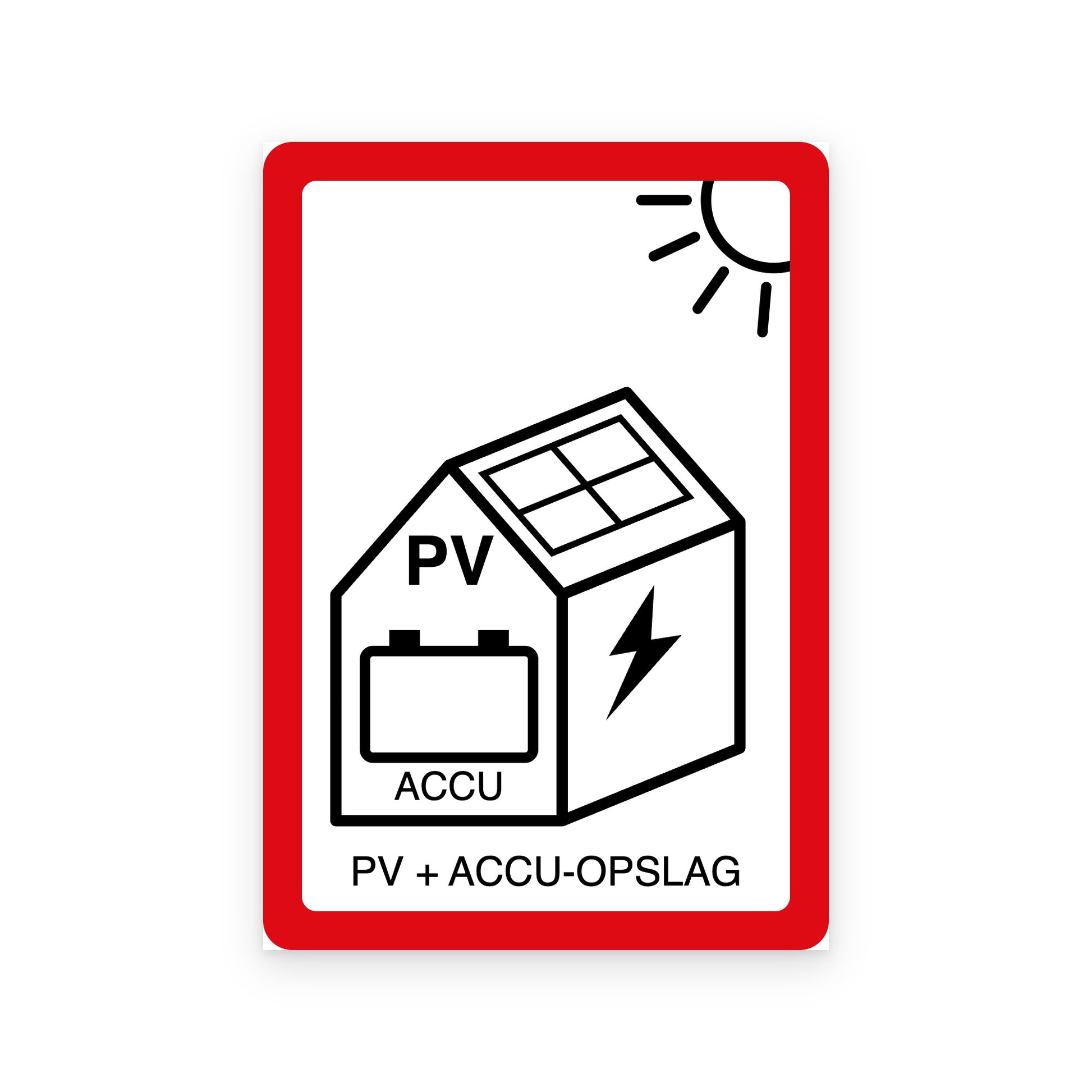 PV + ACCU pictogramsticker NEN 1010 met huis, zonnepanelen, accu en bliksemschicht