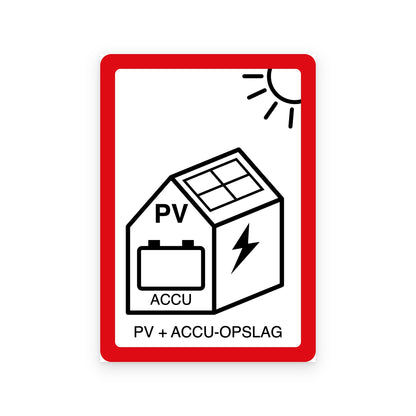 PV + ACCU pictogramsticker NEN 1010 met huis, zonnepanelen, accu en bliksemschicht