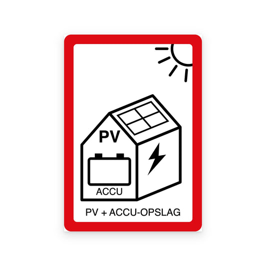 PV + ACCU pictogramsticker NEN 1010 met huis, zonnepanelen, accu en bliksemschicht