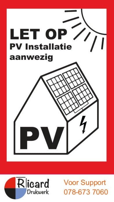 PV Sticker met eigen LOGO en tekst onder - NEN1010 - PV installatie aanwezig 35 x 60mm BxH - Ricard Pictogram stickers -