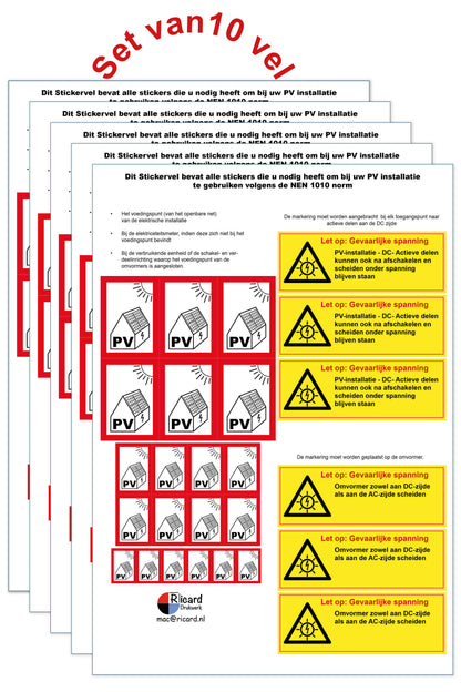PV stickervel NEN 1010, set van 10 A4-vellen met alle PV- en waarschuwingsstickers voor zonnepaneelinstallaties