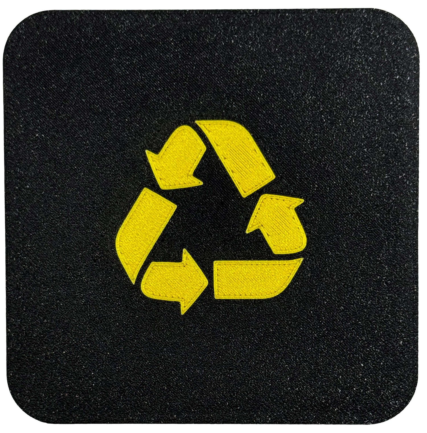 Recycle symbol in yellow on a black background, representing sustainability and eco-friendly practices.