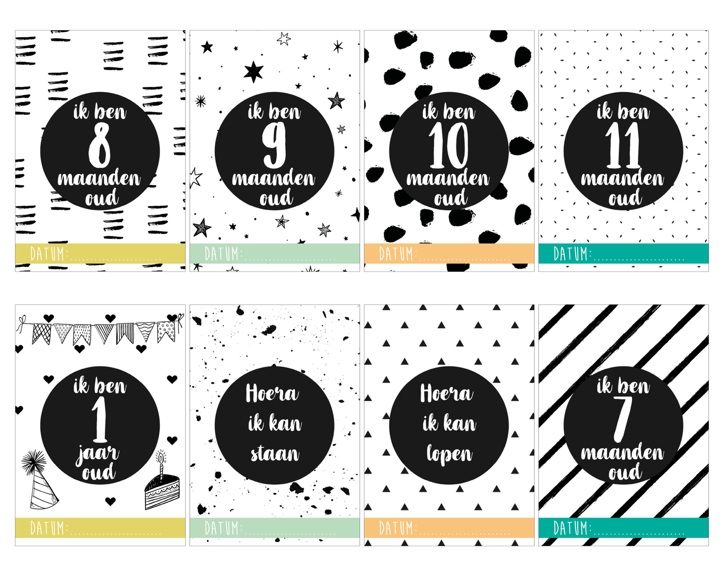 Set van 24x Mijlpaalteksten en 25 Babyshowerkaarten | Grote kaarten (148 mm bij 210 mm) - Ricard Pictogram stickers -