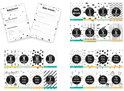 Set van 24x Mijlpaalteksten en 25 Babyshowerkaarten | Grote kaarten (148 mm bij 210 mm) - Ricard Pictogram stickers -