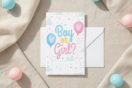 Gender reveal uitnodiging ballonnen met envelop en confetti