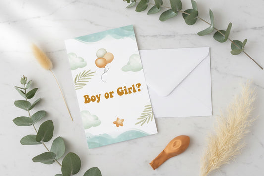 Gender reveal uitnodiging botanisch met envelop en eucalyptus