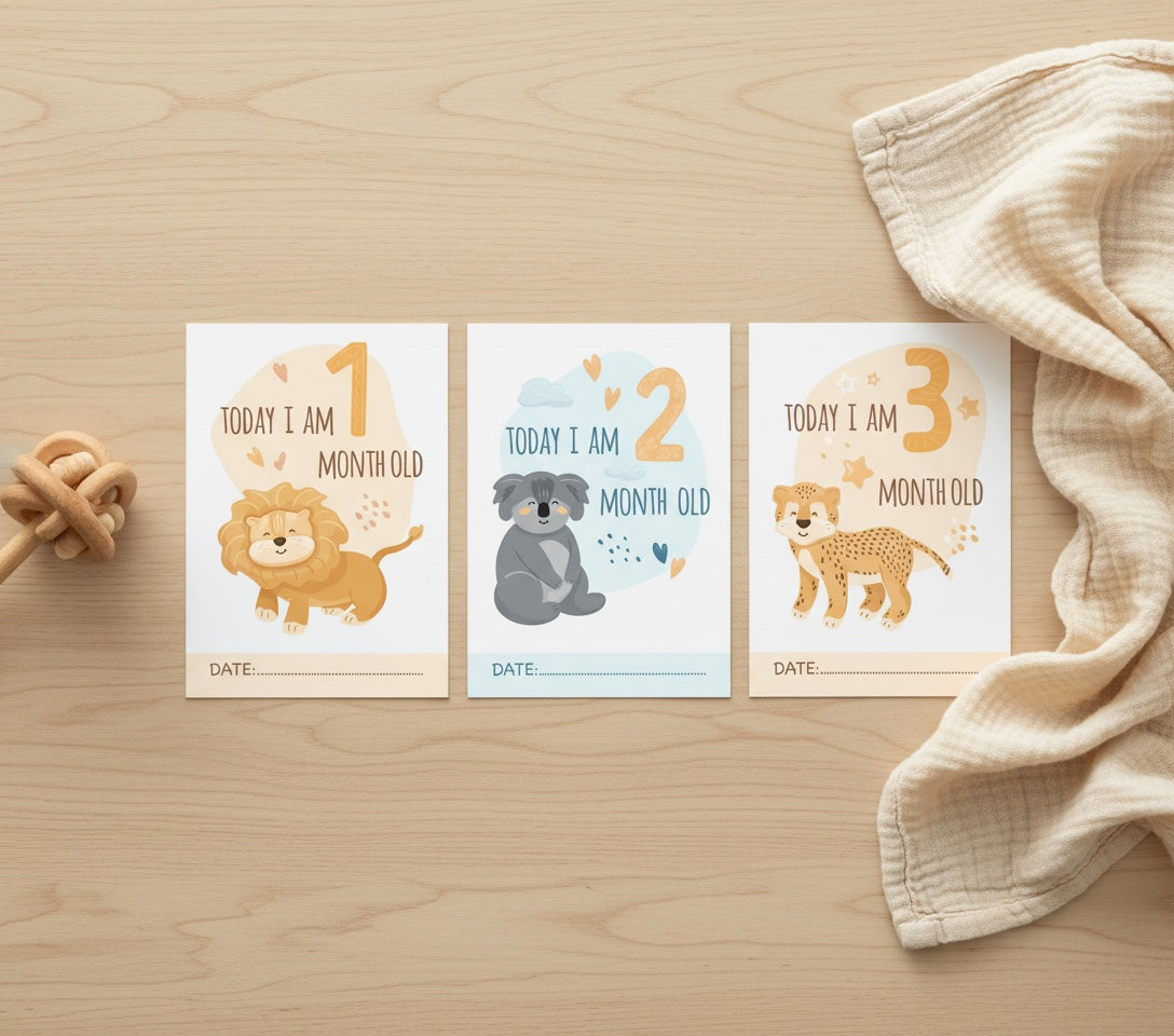 Engelse milestone cards sfeerfoto op houten tafel
