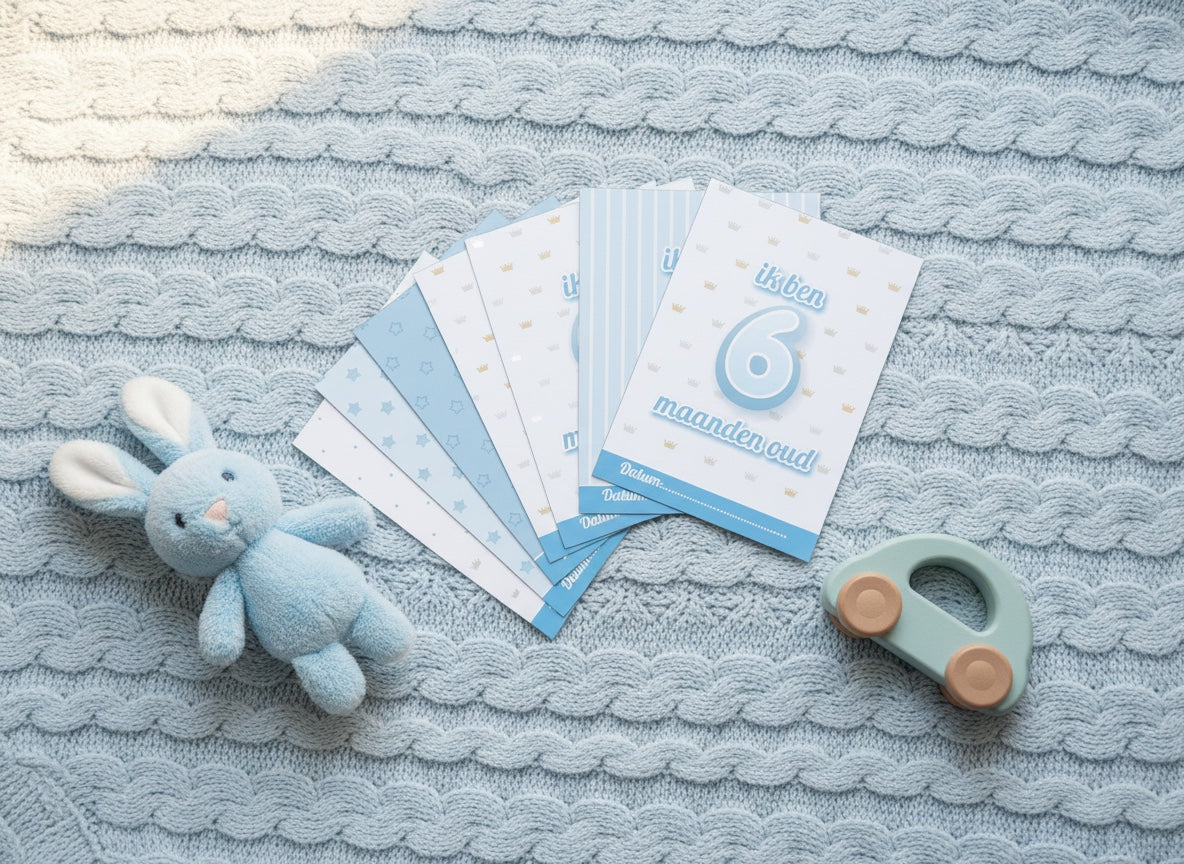 Milestone kaarten blauw sfeerfoto met knuffelkonijn