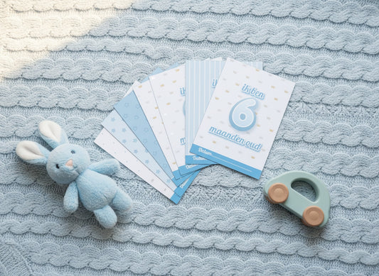 Milestone kaarten blauw sfeerfoto met knuffelkonijn