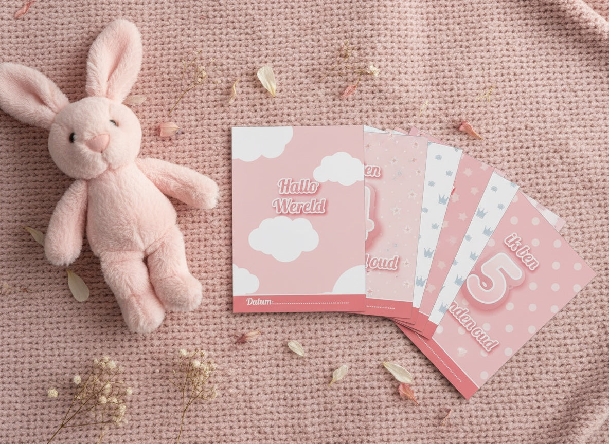 Milestone kaarten roze sfeerfoto met knuffelkonijn