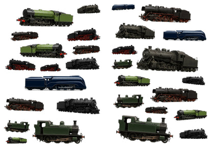 Twee A4-stickervellen met 30 stoomlocomotief-stickers naast elkaar