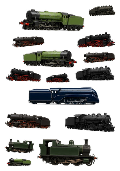 Stickervel A4 met 15 stoomlocomotief-stickers, vel 1 van 2