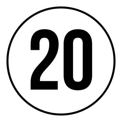 Tempo 20 sticker, rond zwart-wit met zwarte rand, weerbestendig vinyl