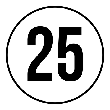Tempo 25 sticker, rond zwart-wit met zwarte rand, weerbestendig vinyl