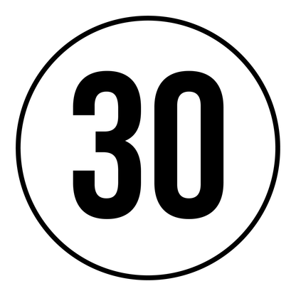 Tempo 30 sticker, rond zwart-wit met zwarte rand, weerbestendig vinyl