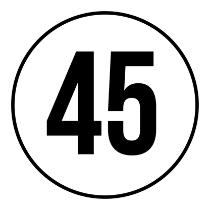 Tempo 45 sticker, rond zwart-wit met zwarte rand, weerbestendig vinyl