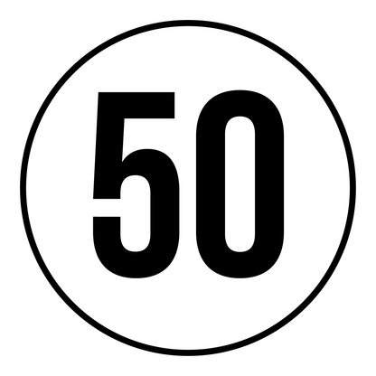 Tempo 50 sticker, rond zwart-wit met zwarte rand, weerbestendig vinyl
