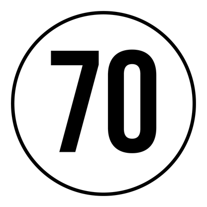 Tempo 70 sticker, rond zwart-wit met zwarte rand, weerbestendig vinyl