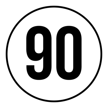 Tempo 90 sticker, rond zwart-wit met zwarte rand, weerbestendig vinyl