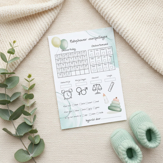 Babyshower voorspelkaart op babydeken met eucalyptus