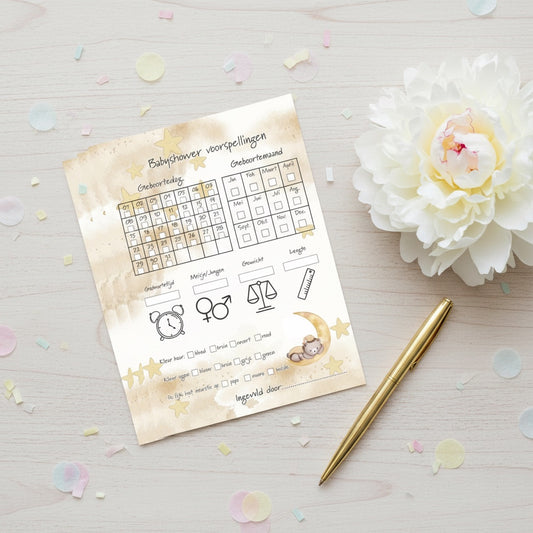 Babyshower invulkaart maand en dag op houten tafel