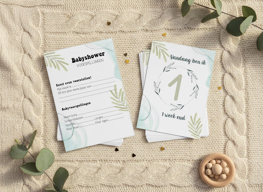 Babyshower pakket eucalyptus sfeerfoto, invulkaart en milestone kaart even groot
