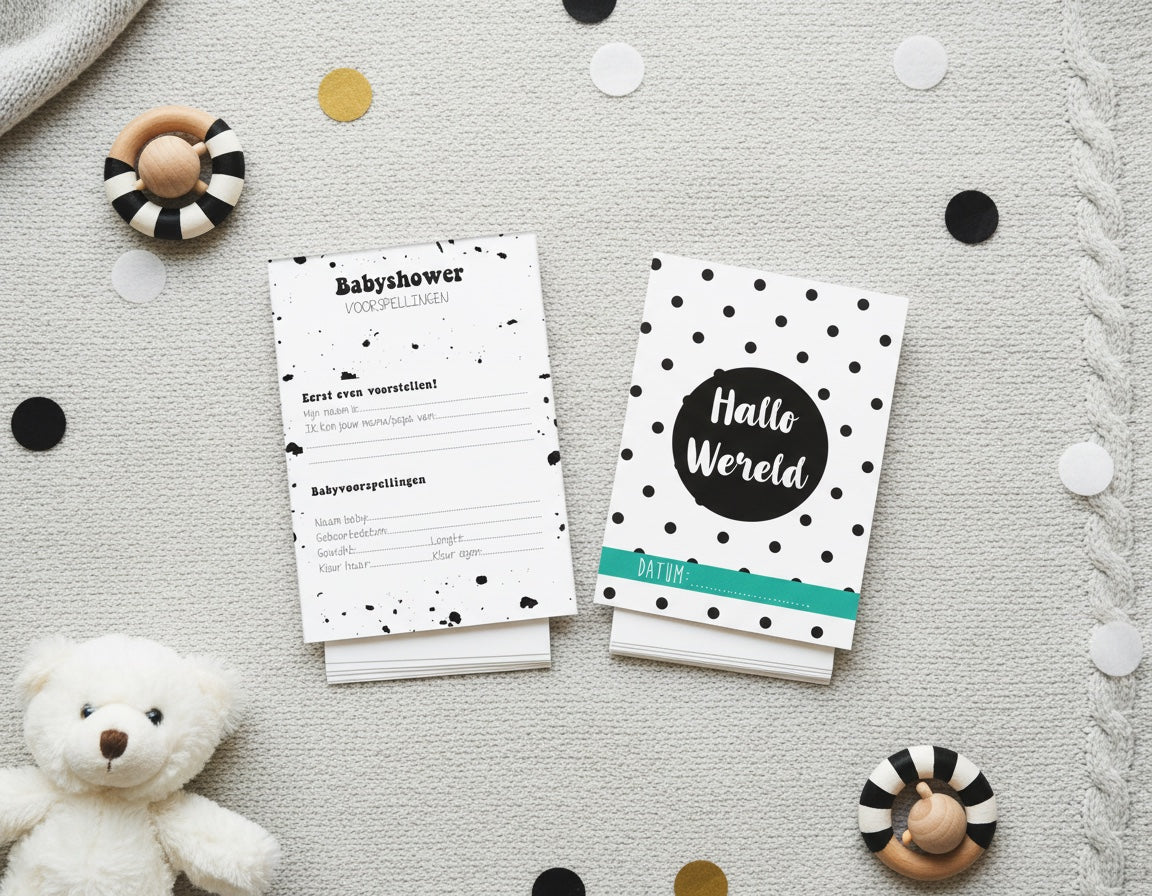 Babyshower pakket zwart-wit sfeerfoto met Hallo Wereld kaart