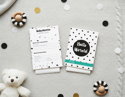 Babyshower pakket zwart-wit sfeerfoto met Hallo Wereld kaart