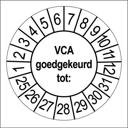 Keuringssticker VCA Goedgekeurd, wit met zwarte opdruk, rond 35 mm vinyl