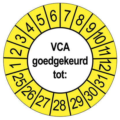 Keuringssticker VCA Goedgekeurd, wit met gele buitenrand, rond 35 mm vinyl
