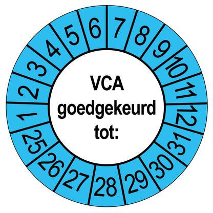 Keuringssticker VCA Goedgekeurd, wit met blauwe buitenrand, rond 35 mm vinyl