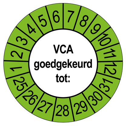 Keuringssticker VCA Goedgekeurd, wit met groene buitenrand, rond 35 mm vinyl