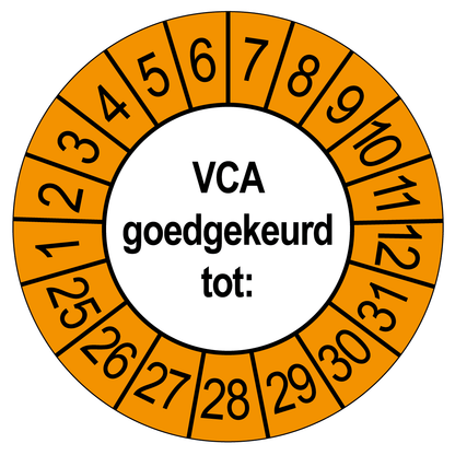 Keuringssticker VCA Goedgekeurd, wit met oranje buitenrand, rond 35 mm vinyl