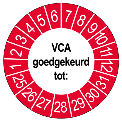 Keuringssticker VCA Goedgekeurd, wit met rood-witte buitenrand, rond 35 mm vinyl