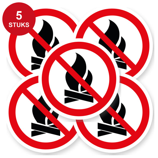 Open vuur verboden sticker 20 cm | 5 stuks | Pictogram vinyl - 5 stuks