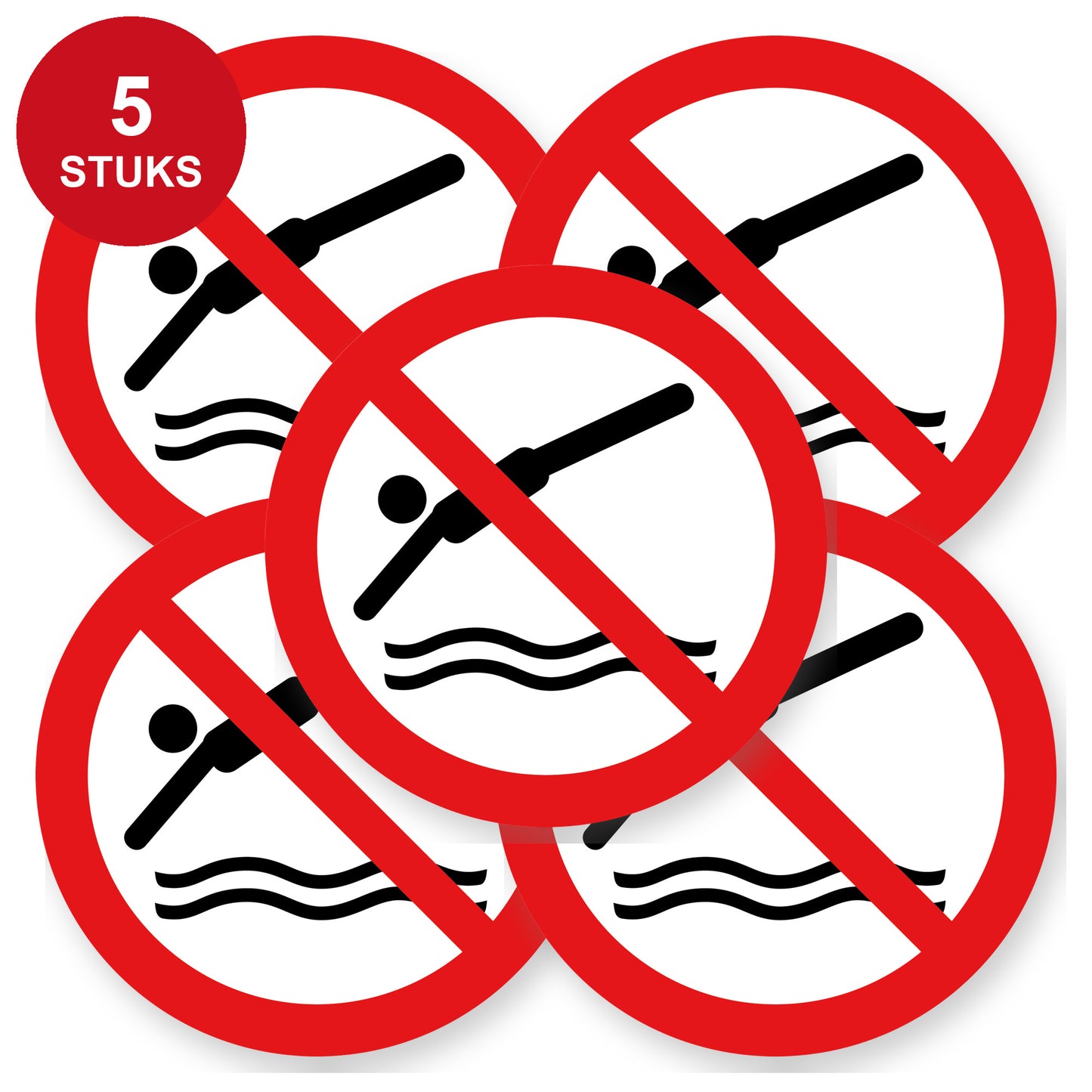 Verboden te duiken sticker | 5 stuks 20 cm | Duikverbod pictogramsticker | Vinyl - 5 stuks