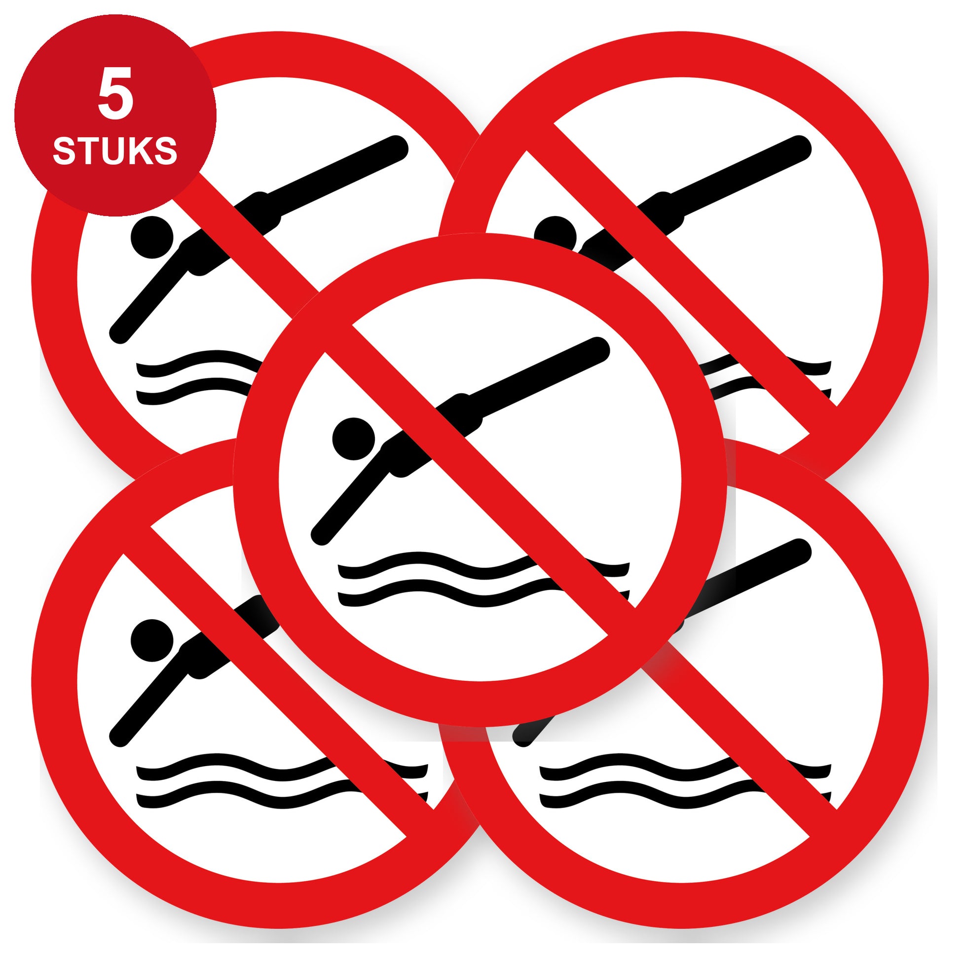 Verboden te duiken sticker | 5 stuks 20 cm | Duikverbod pictogramsticker | Vinyl - 5 stuks
