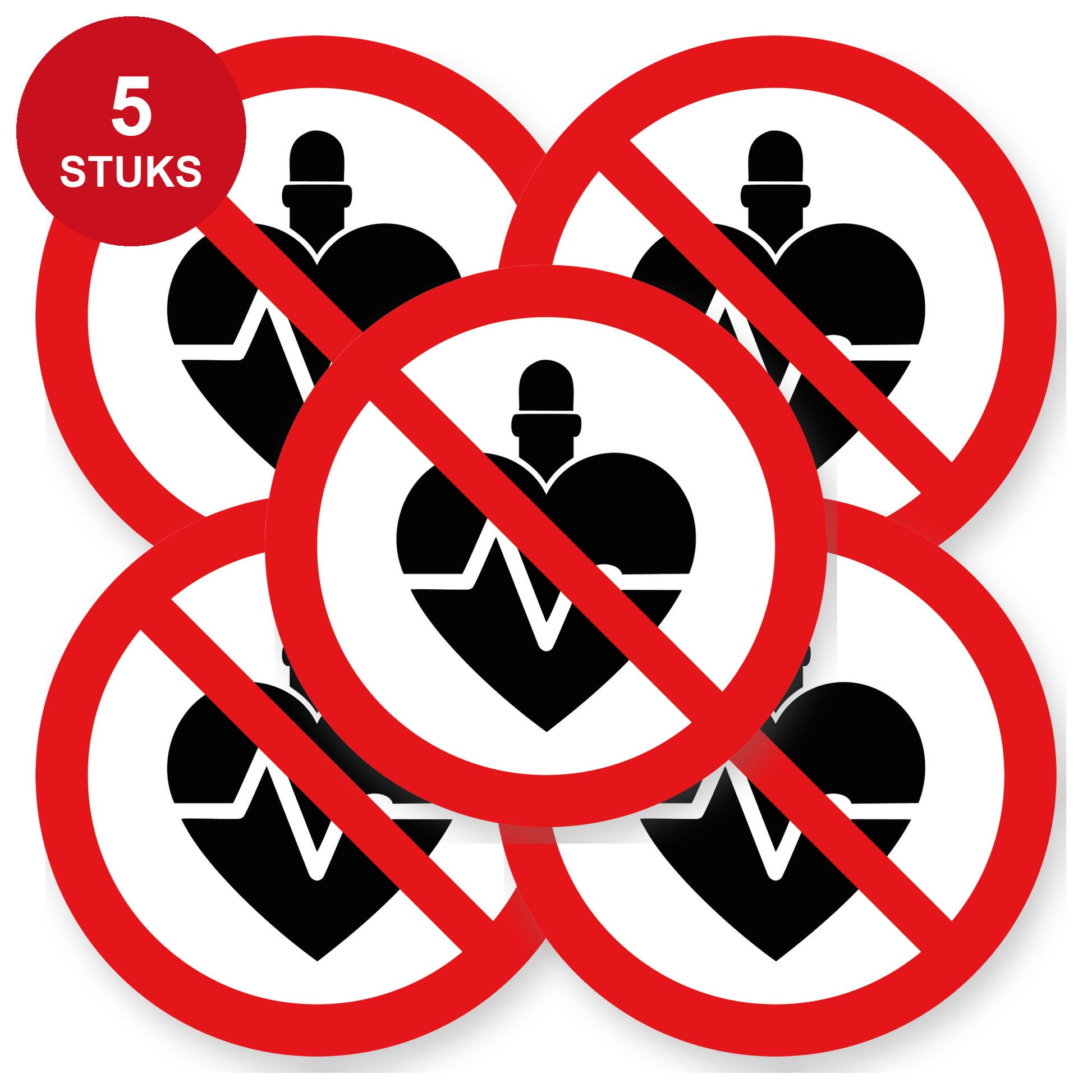 Verboden voor mensen met een pacemaker sticker 20 cm | 5 stuks | Pictogram vinyl - 5 stuks