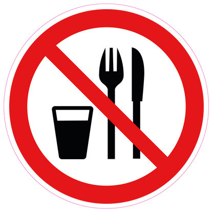 Verboden eten en drinken sticker met mes en vork, rood-wit rond pictogram (ISO 7010 P022), 20 cm