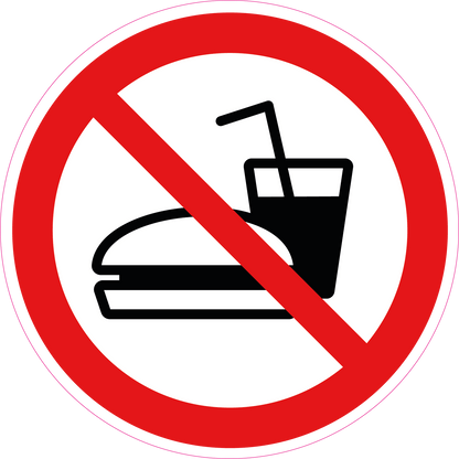 Verboden eten en drinken sticker, rood-wit rond pictogram (ISO 7010 P022), 20 cm
