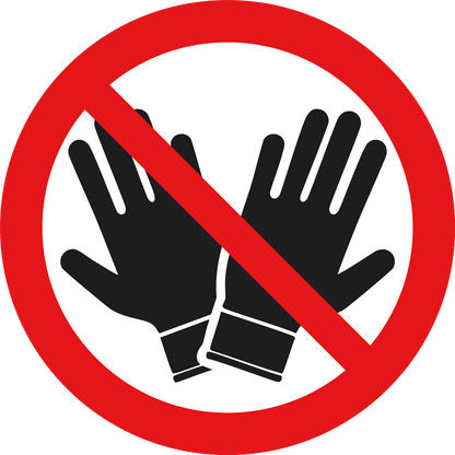 Verboden handschoenen te dragen sticker, ISO 7010 P028, rood-wit rond pictogram, 20 cm