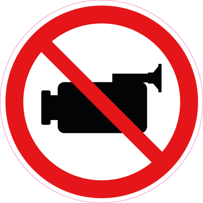 Verboden te filmen sticker, rood-wit rond pictogram met doorgestreepte videocamera, 20 cm