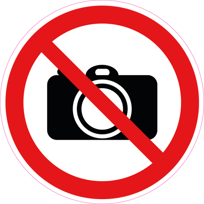 Verboden te fotograferen sticker, rood-wit rond pictogram met doorgestreepte camera, 20 cm